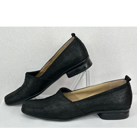 Sesto Meucci Italian Designer Black Shimmer Mini-Heel Slip On Loafers 7N - Picture 2 of 8